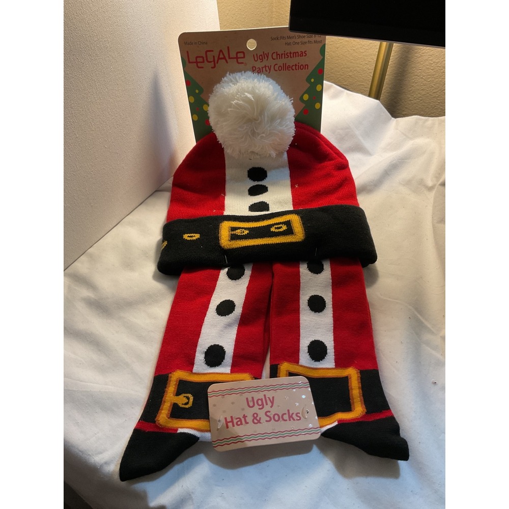 Legale Ugly Christmas Party Santa‎ Hat & Socks Set One Size Men's 8-12 Holiday